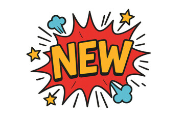 Naklejka premium New word in comic speech bubble with burst, stars, and smoke, pop art sticker, transparent background