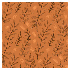 This elegant seamless botanical pattern features hand-drawn leafy branches outlined in dark brown against a terracotta-orange background. Subtle textured brush strokes and dots add a handcrafted.
