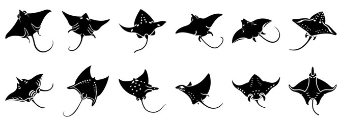 Ray Silhouette Vector Icon Set - Manta, Stingray, and Eagle Ray Collection, Gliding Marine Animal Vector Graphics