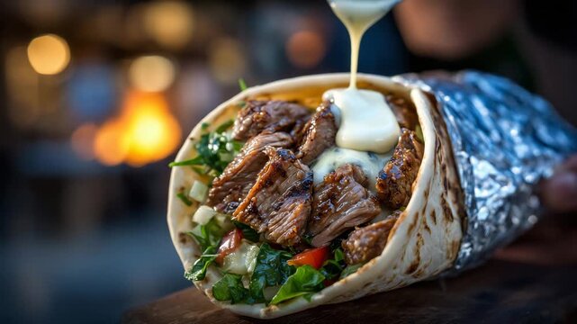 355Macro close-up of beef wrap in hand, tender beef chunks and dripping cheese highlighted, grilled tortilla with slight char, fresh ingredients in vivid focus