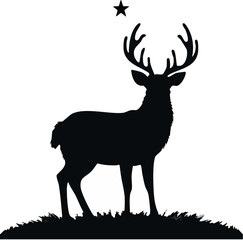 Minimal deer silhouette under small star clean elegant vector isolated on white background, Elegant deer under star silhouette minimal wildlife vector, Minimal black deer with star clean isolated 