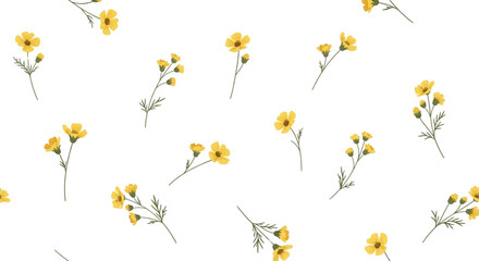 Delicate Yellow Buttercup Wildflower Seamless Pattern Spring Summer Fabric Textile Background Design