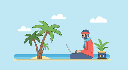 Man working remotely on tropical island with laptop