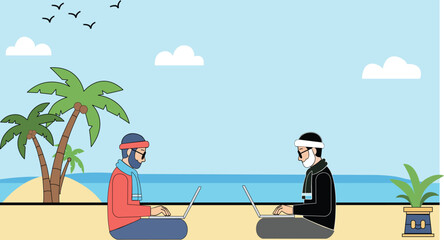 Man working on laptop on beach with palm trees and blue sky background