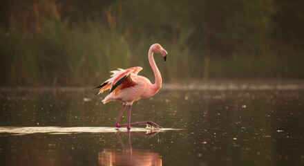 Fototapeta premium Greater flamingo walking through shallow water with its wings partially open. Beautiful wild bird in natural environment. Wildlife, nature concept.