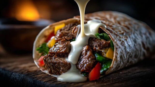 381Close-up of beef wrap in hand, melted cheese flowing over fresh veggies and beef chunks, grilled tortilla with crispy texture, fast food lifestyle photography style