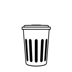 A single, minimalist, flat black outline icon of a lidded waste bin with solid black vertical grooves, presented centrally on a white background.