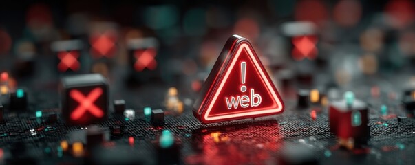 Isometric 3D web warning triangle sign on circuit board with neon red glow and digital technology