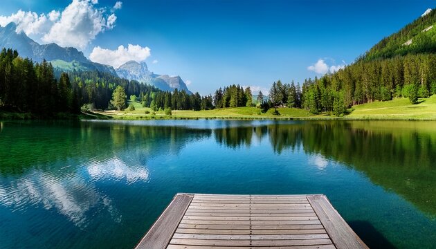 Landscape Panorama Of Crestasee Lake Cresta In June Municipalities Of Flims And Trin In The Grisons Switzerland Wooden Dock On The Lake