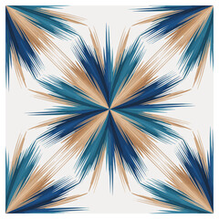 This striking seamless geometric abstract pattern features sharp, painterly strokes radiating outward from the center in rich teal, navy blue, and beige tones on a light background. 