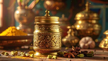 Golden spice container surrounded by aromatic ingredients in a warm, traditional kitchen setting.