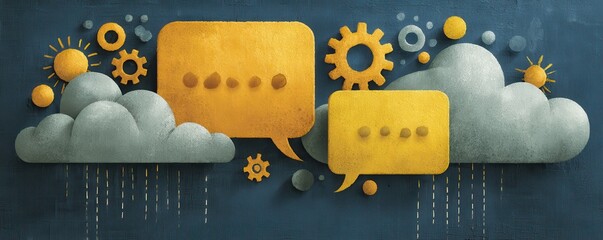 Creative illustration of chatbot communication with gears and cloud symbols