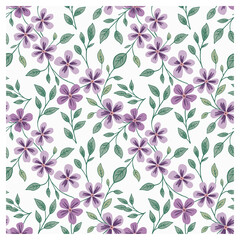 This delightful seamless floral pattern showcases clusters of lavender and violet flowers with graceful green leaves on a clean white background. The hand-drawn watercolor style gives the design.