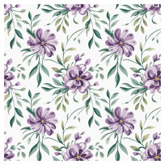 This enchanting seamless floral pattern features delicate lavender and violet blossoms surrounded by lush green leaves on a soft white background. The hand-painted watercolor effect gives the flowers.