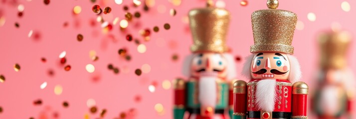 Traditional Christmas Nutcrackers with Metallic Confetti on Bright Red Background