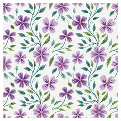 This elegant seamless floral pattern features hand-painted lavender and violet flowers intertwined with lush green leaves on a light background. The watercolor-inspired brushwork gives the design.