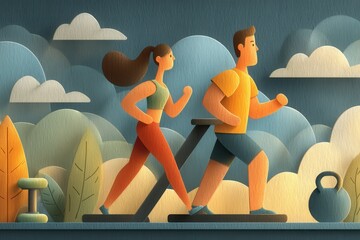 Two people running on a treadmill in a stylized gym scene with a nature backdrop
