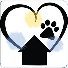 Heart shaped symbol surrounding a house with a paw print representing pet adoption and animal shelter services for animal lovers everywhere