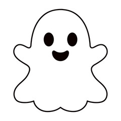 Cute outlined ghost illustration with a happy face. Simple Halloween design for kids, coloring pages, stickers, print, decorations and festive graphics. Hand drawn vector icon. Minimalist line art.