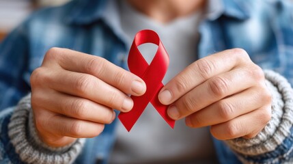 Close-up of hands holding a red awareness ribbon symbolizing HIV and AIDS awareness, heart disease prevention, stroke prevention, blood disorders, tuberculosis