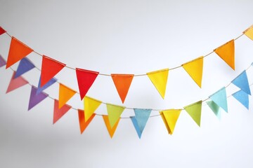 Obraz premium Colorful triangle pennant banner flags strung together on a string for festive decoration against a white background
