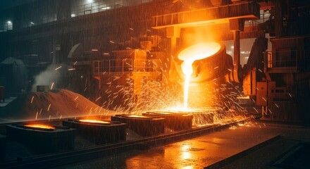Dramatic Pour of Molten Metal from a Ladle into Ingot Molds in a Foundry, Creating Fiery Sparks and Bright Orange Glow