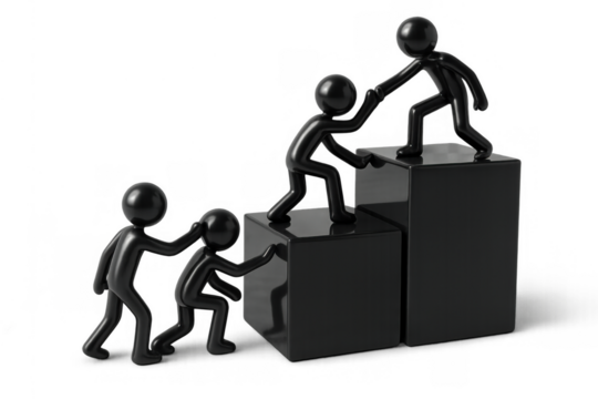 Group of stick figures helping each other climb up steps, demonstrating teamwork, support, progress, and growth. Transparent background - Powered by Adobe