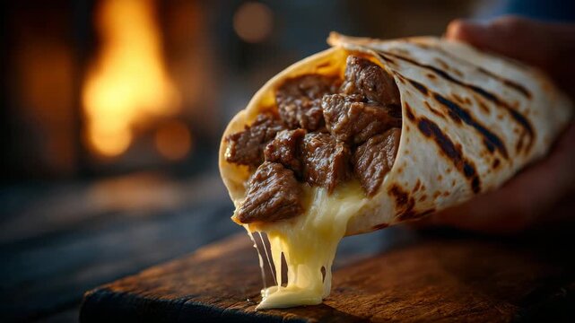 Close-up macro of beef wrap in hand, cheese melting over tender beef chunks, grilled tortilla crisp with char marks, bright appetizing lighting