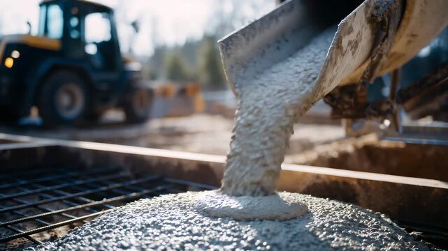 Close-up detail of pouring cement, thick mixture sliding from drum into formwork, sunlight catching wet glossy surface