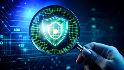 Cyber security shield under a magnifying glass digital data protection concept hand holding a lens over a secure network background