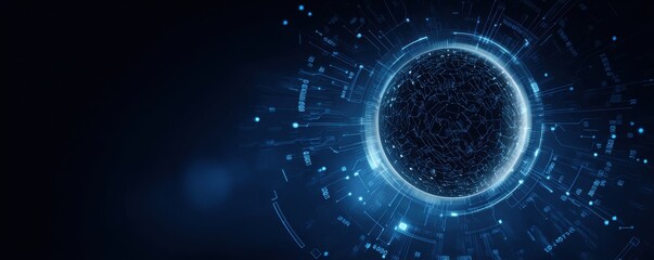 Futuristic digital abstract design with glowing blue elements on a dark background