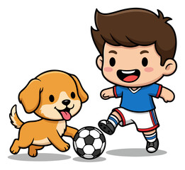 Boy and Dog Playing Soccer Together in Cartoon Style.