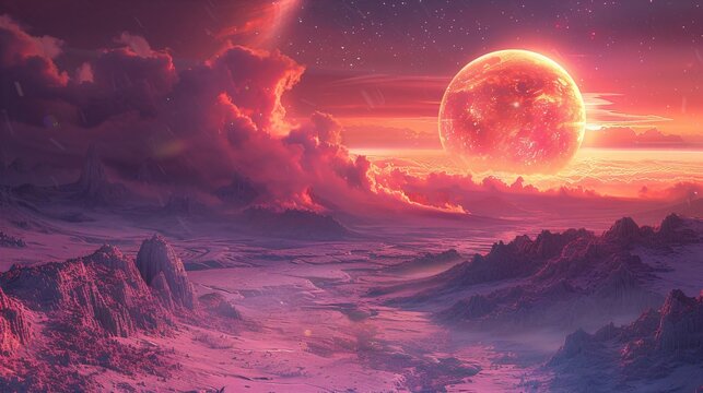 Alien landscape with giant glowing red planet and clouds in sci-fi artistic rendering. Concept of life on other planets and space exploration theories.