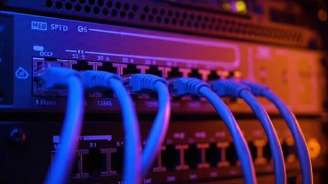 Closeup of blue ethernet cables plugged into a network switch with blue and orange lighting