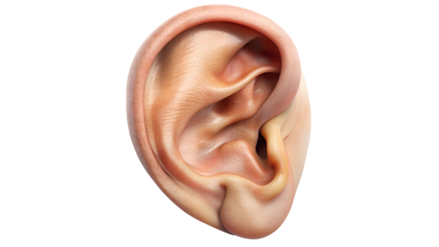 Human ear isolated on transparent background, detailed anatomy of the hearing organ, close up