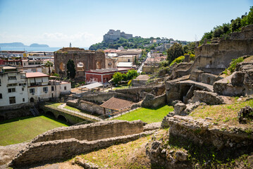 Italy, Naples, Baia, view and details of the archaeological area specialized in the spa treatments of the ancient Romans.