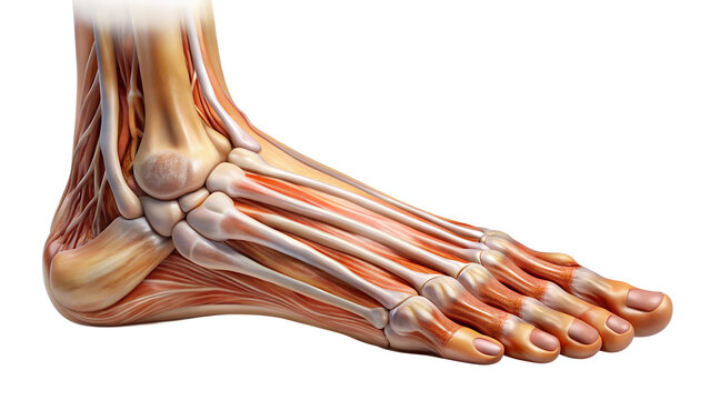 Anatomical illustration of human foot structure with bones, muscles, and tendons isolated on transparent background