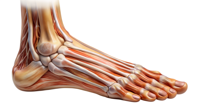 Anatomical illustration of human foot structure with bones, muscles, and tendons isolated on transparent background