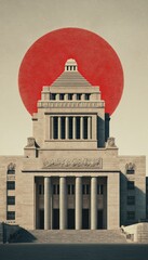 Japanese Diet Building with Rising Sun Flag Overlay in Minimalist Style