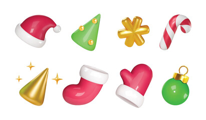Collection of 3d Christmas icons, Merry Christmas and Happy new year concept.. Christmas hat, snowflake, candy cane, red mitten, red sock, xmas cartoon tree