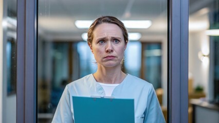 Medical Mystery A concerned healthcare worker holding a clipboard, gazing through a glass window.