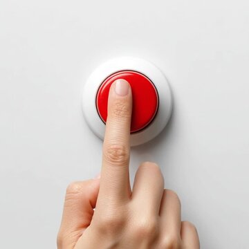 top view of a finger about to press a big red button. the red button is gigantic. above the button there is a white empty label

