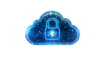 Cloud computing security concept showing a digital cloud with a padlock isolated on transparent background