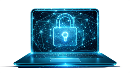 Laptop displaying a digital padlock, symbolizing cybersecurity isolated on transparent background
