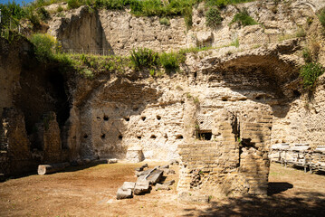 Italy, Naples, Baia, view and details of the archaeological area specialized in the spa treatments of the ancient Romans.