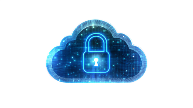 Cloud computing security concept showing a digital cloud with a padlock isolated on transparent background