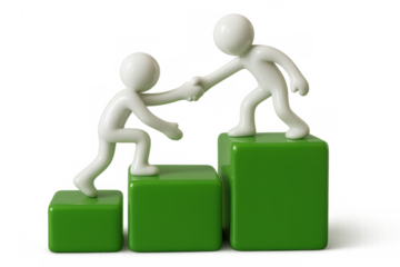 White 3d figures helping each other climbing green steps, symbolizing teamwork, support, and progress on transparent background