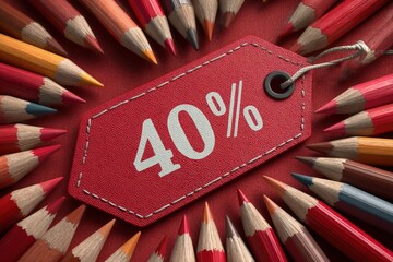 Red Sale Tag with Stitched Edges and Pencils Border, 40% Off Text