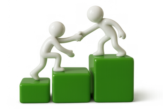 White 3d figures helping each other climbing green steps, symbolizing teamwork, support, and progress on transparent background