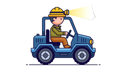 Naklejka premium Mining Vehicle with a Miner Driving Into the Darkness, Representing Exploration